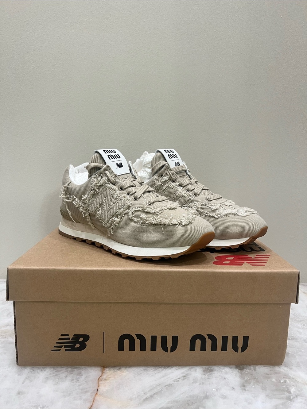 Miu Miu Beige Frayed Textile Sneakers with White Midsole
